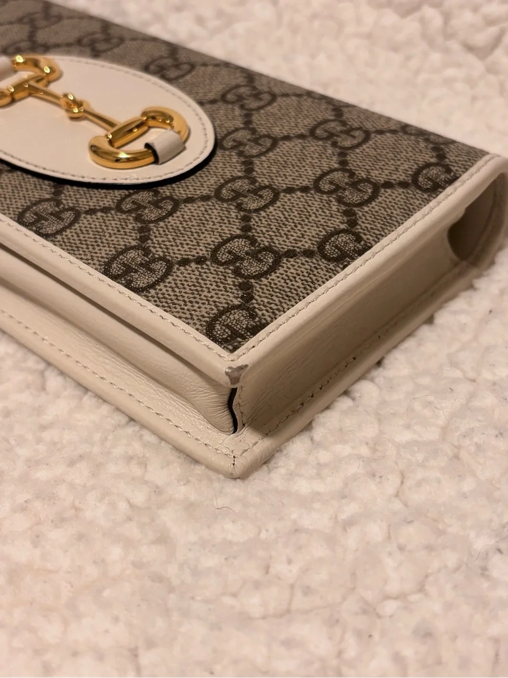 Gucci Beige GG Supreme Crossbody with White Leather Trim and Gold Chain